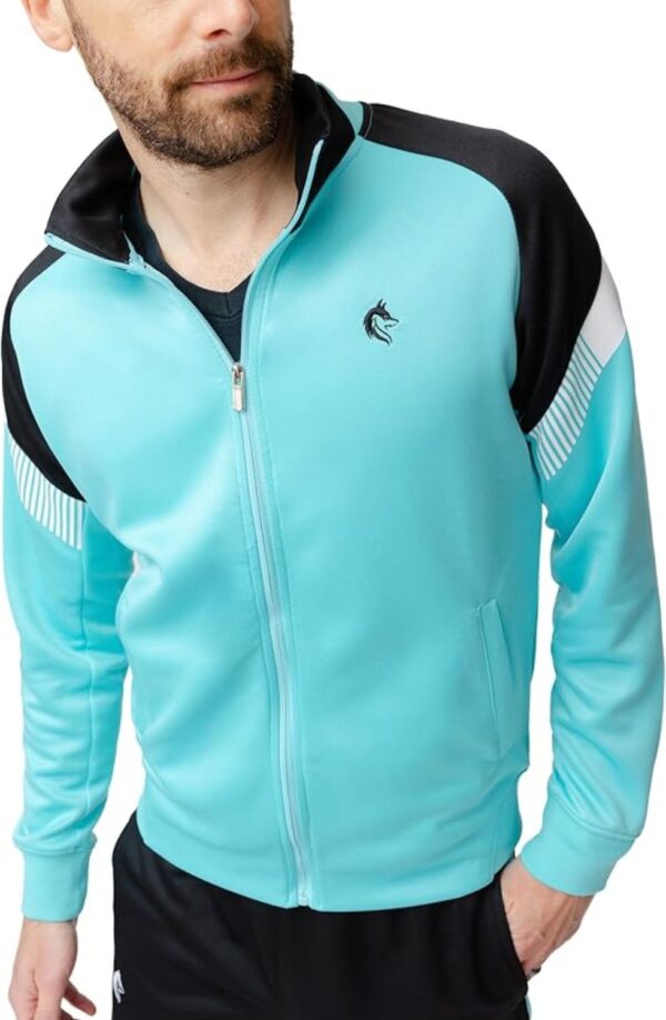 Men's Athletic Track Jacket, Teal Blue and Black, Zip-Up, Mesh Panels