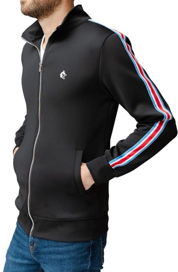 Men's Zip-Up Black Jacket with Striped Sleeve Accents