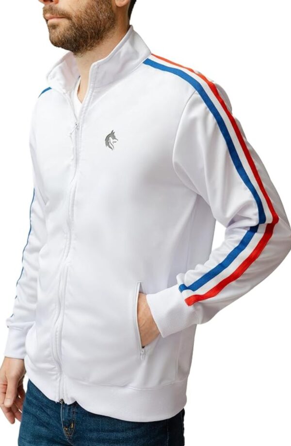 Men's White Zip-Up Jacket with Red and Blue Stripes