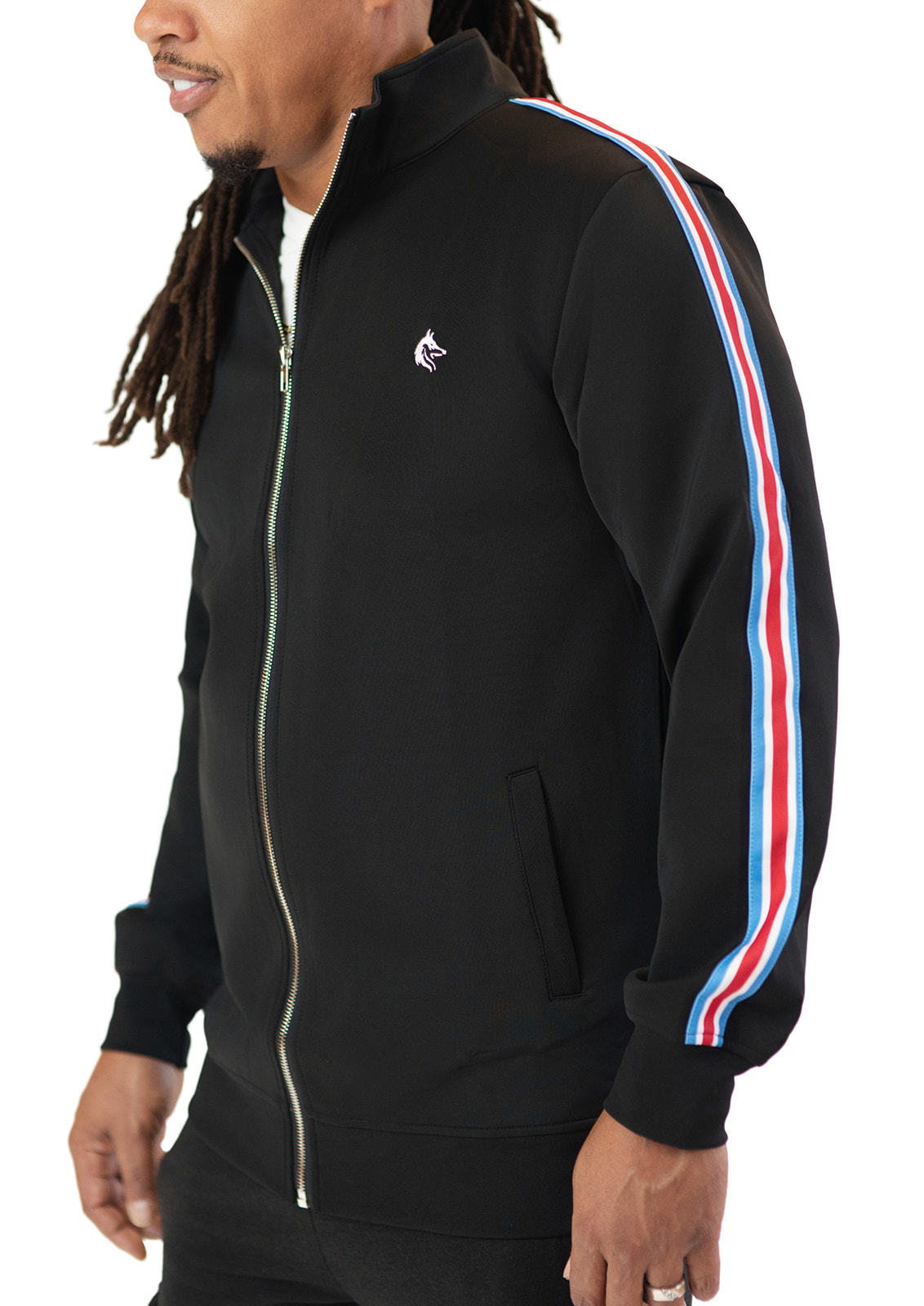 Men's Zip-Up Black Jacket with Striped Sleeve Accents