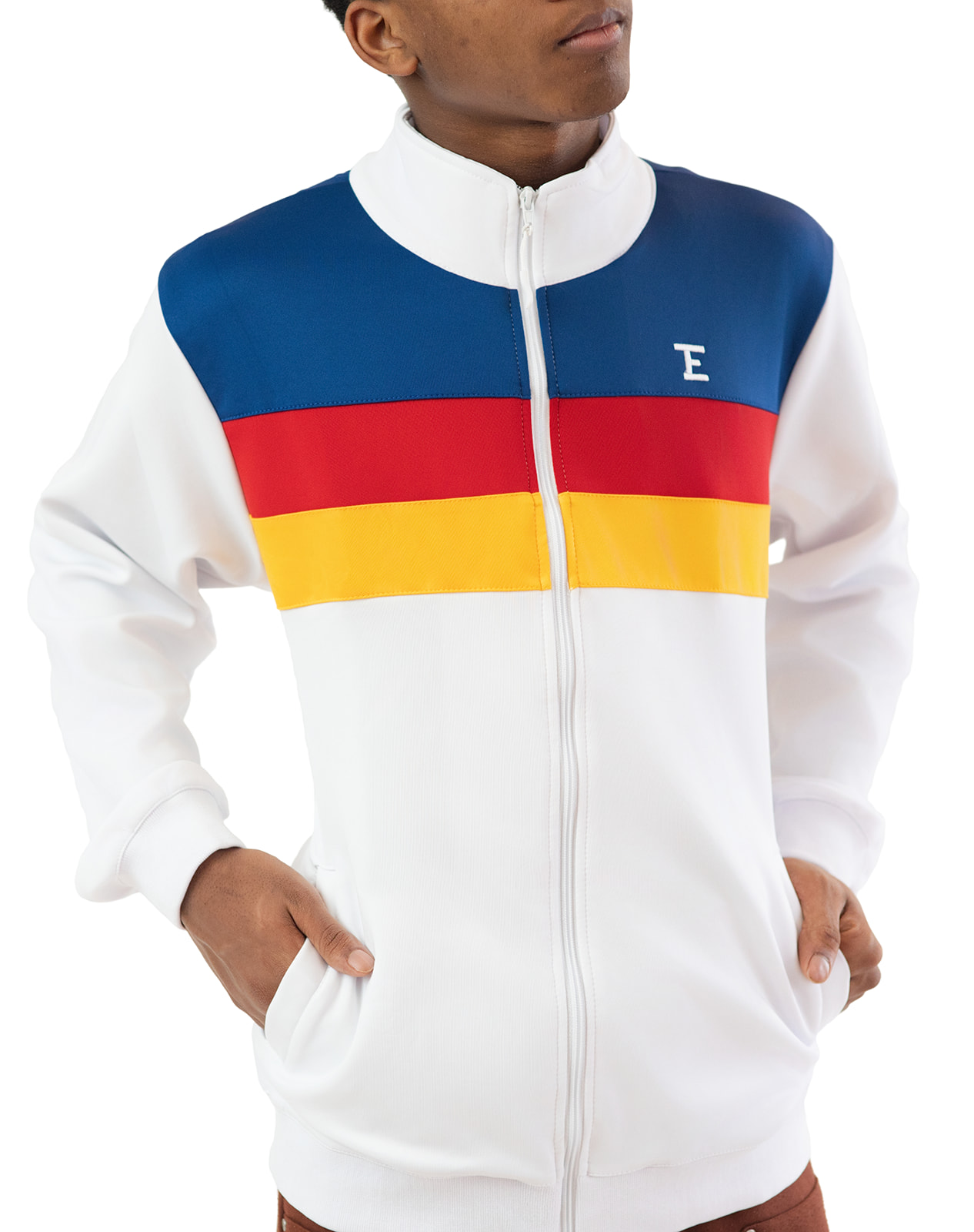 Striped Colorblock Zip-Up Jacket, White, Blue, Red, Yellow
