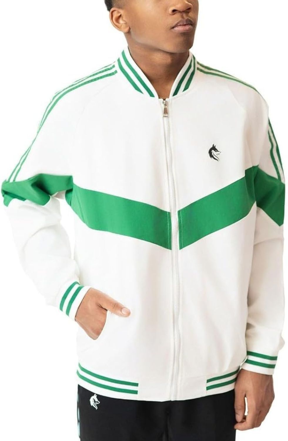 White and Green Zip-Up, Breathable, Long Sleeve Jacket