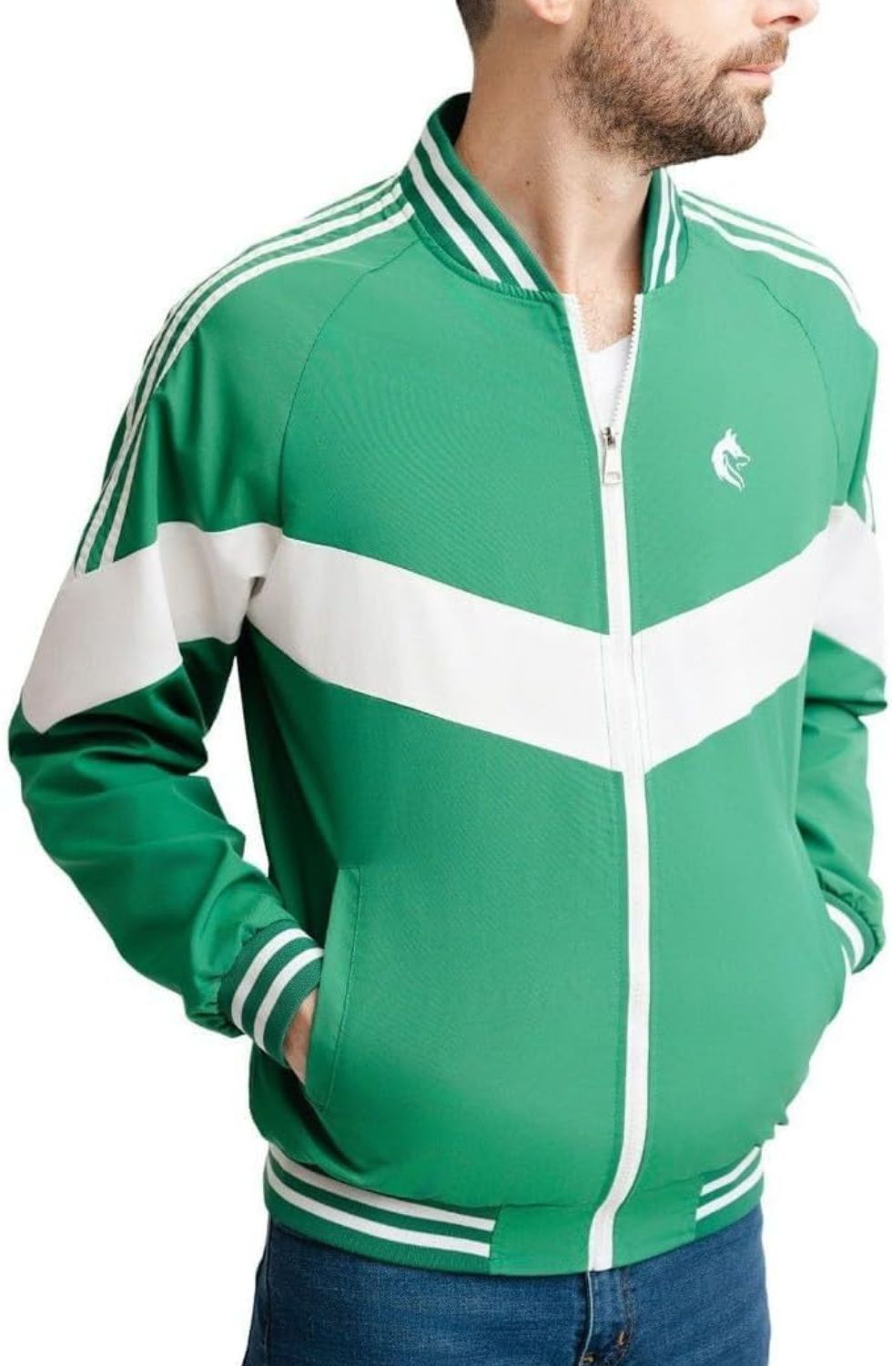 Green and White Zip-Up, Breathable, Long Sleeve Jacket